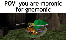 a picture of a video game character with the caption " you are moronic for gnomenic "