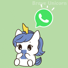 a drawing of a unicorn holding a cell phone with a whatsapp icon above it