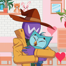 a cartoon of a man hugging a blue bird with a w on his face