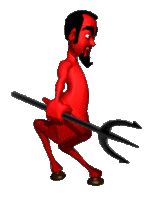 a cartoon devil is holding a black trident