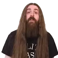 a man with long hair and a beard is wearing a black t-shirt that says li as .