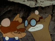 two cartoon characters are standing next to each other in a cave . one of the characters is wearing glasses .
