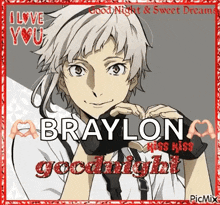 a picture of a boy making a heart with his hands and the words braylon goodnight