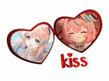 two hearts with a picture of a girl and the word kiss in red