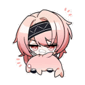 a cartoon girl with pink hair and a headband is holding a pink pillow .
