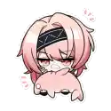 a cartoon girl with pink hair and a headband is holding a pink pillow .