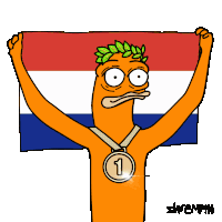 a cartoon character holding a flag and a medal with the number 1