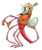 a cartoon drawing of a mosquito with a yellow hat on