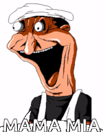 a cartoon drawing of a man with the word mama mia written below him