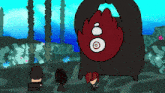 a cartoon of a group of people standing in front of a large red object