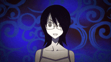 a girl with black hair and glasses is standing in front of a blue background with swirls
