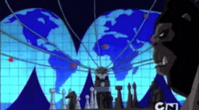a cartoon character stands in front of a cn logo and a map of the world