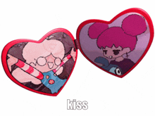 a red heart shaped mirror with a picture of a girl and the word kiss on the bottom