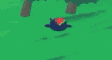 a cartoon of a person laying on the ground in a field with trees in the background .