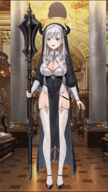 a girl in a nun costume holds a spear