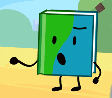 a blue and green book with arms and legs is standing on a sandy surface