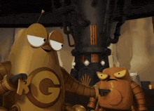 two cartoon robots are standing next to each other and one has the letter g on its chest