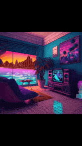 a living room with a couch , television , speakers , and a plant .
