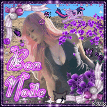 a woman with pink hair is surrounded by purple flowers and boa noite