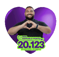 a man making a heart shape with his hands with marcelo porto 20.123 written on the bottom