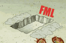 a cartoon of spongebob laying on the ground with the word fml in red letters
