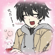 a drawing of a boy with black hair is surrounded by pink glitter