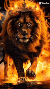 a lion with a crown on its head is surrounded by flames .
