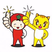 yellow cat tomato costume friends good thumps up