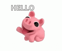 a pink pig is sitting down with its tongue hanging out and the words `` hello '' written above it .