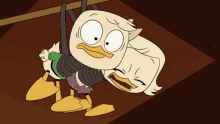a cartoon duck is carrying another duck with its mouth wide open