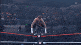 two men are wrestling in a ring with a crowd in the background .