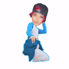 a person with red hair wearing a baseball cap and a blue shirt