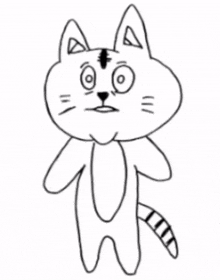 a black and white drawing of a cat with a tiger stripe on its head