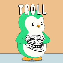 a cartoon penguin with a troll face and the word troll behind it