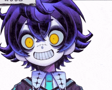 a cartoon character with purple hair and yellow eyes is smiling for the camera