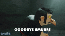 a cartoon character says " goodbye smurfs " in front of a brick wall