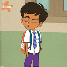 a cartoon of a boy with a backpack and a nickelodeon logo behind him