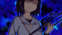 a girl is holding a trident and smiling in front of a blue background