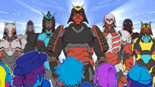 a group of cartoon characters including a samurai and a skull