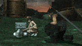 a man and a woman are playing a video game with a sword