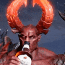 a devil with horns is drinking from a bottle of alcohol .