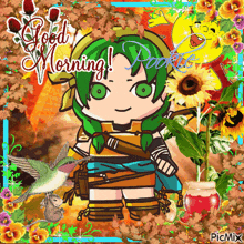 a picture of a girl with green hair and a hummingbird saying good morning