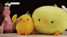 two stuffed chickens are sitting next to each other on a table in front of a woman in a pink shirt
