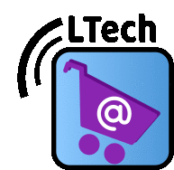 a logo for ltech with a shopping cart in the middle