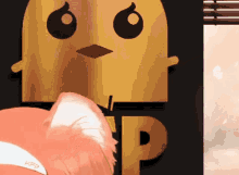 a cartoon character with a cat ear is standing in front of a sign with the letter p on it