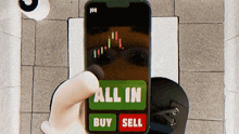a person is holding a phone that says all in