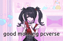 a pixel art of a girl holding a cell phone with the words good morning pcverse below her