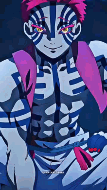 a close up of a person 's face with blue and white stripes on it 's face .