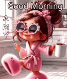 a little girl in a pink robe is holding a cup of coffee and a spoon .