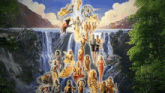 a painting of a waterfall with a bunch of people standing in front of it